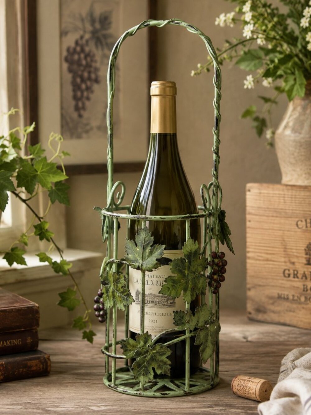 Vintage Metal Grapevine Wine Bottle Holder 13" Rustic Vineyard Decor